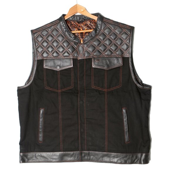 Live Fast Other - Live Fast Leather Denim Motorcycle Vest Club Biker Quilted Orange Stitched Black